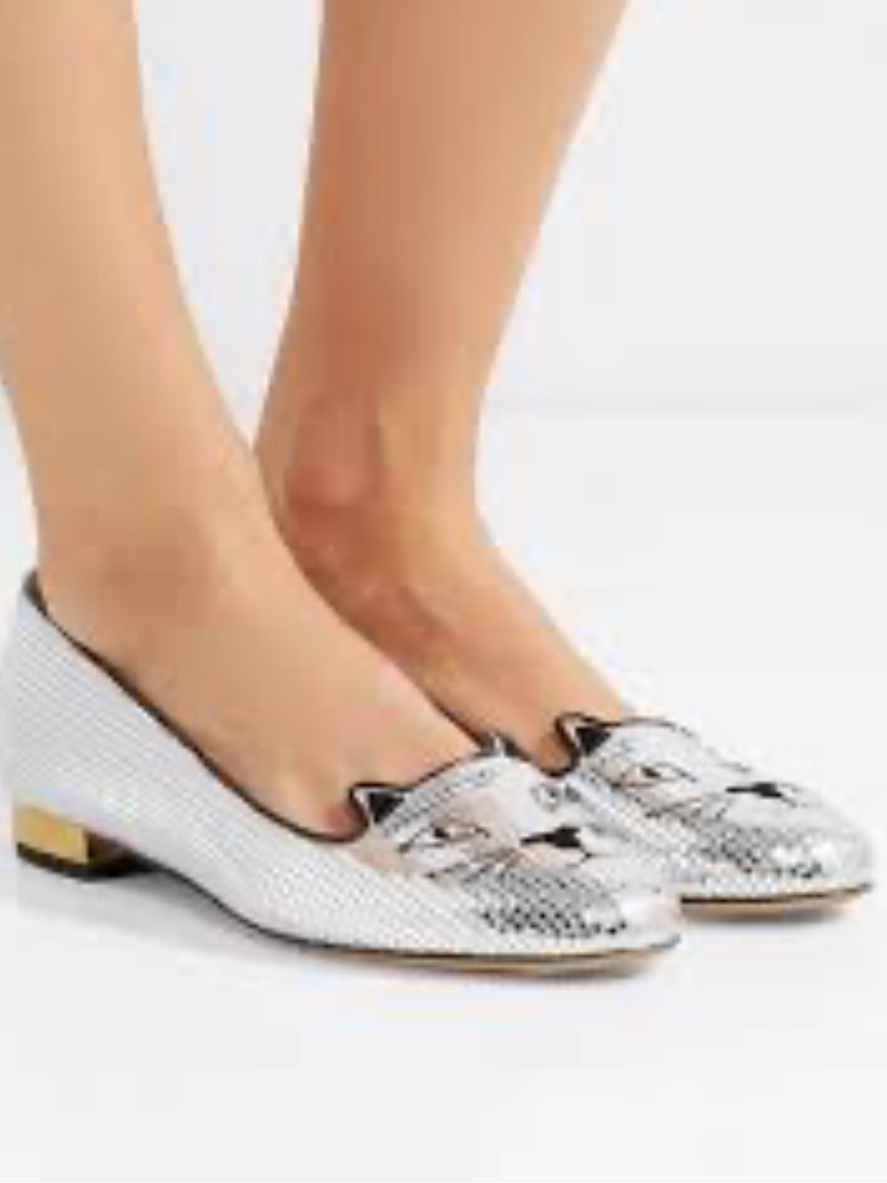 Charlotte Olympia Metallic Silver Women's Cat Kitty Loafers 36.5 Holiday
